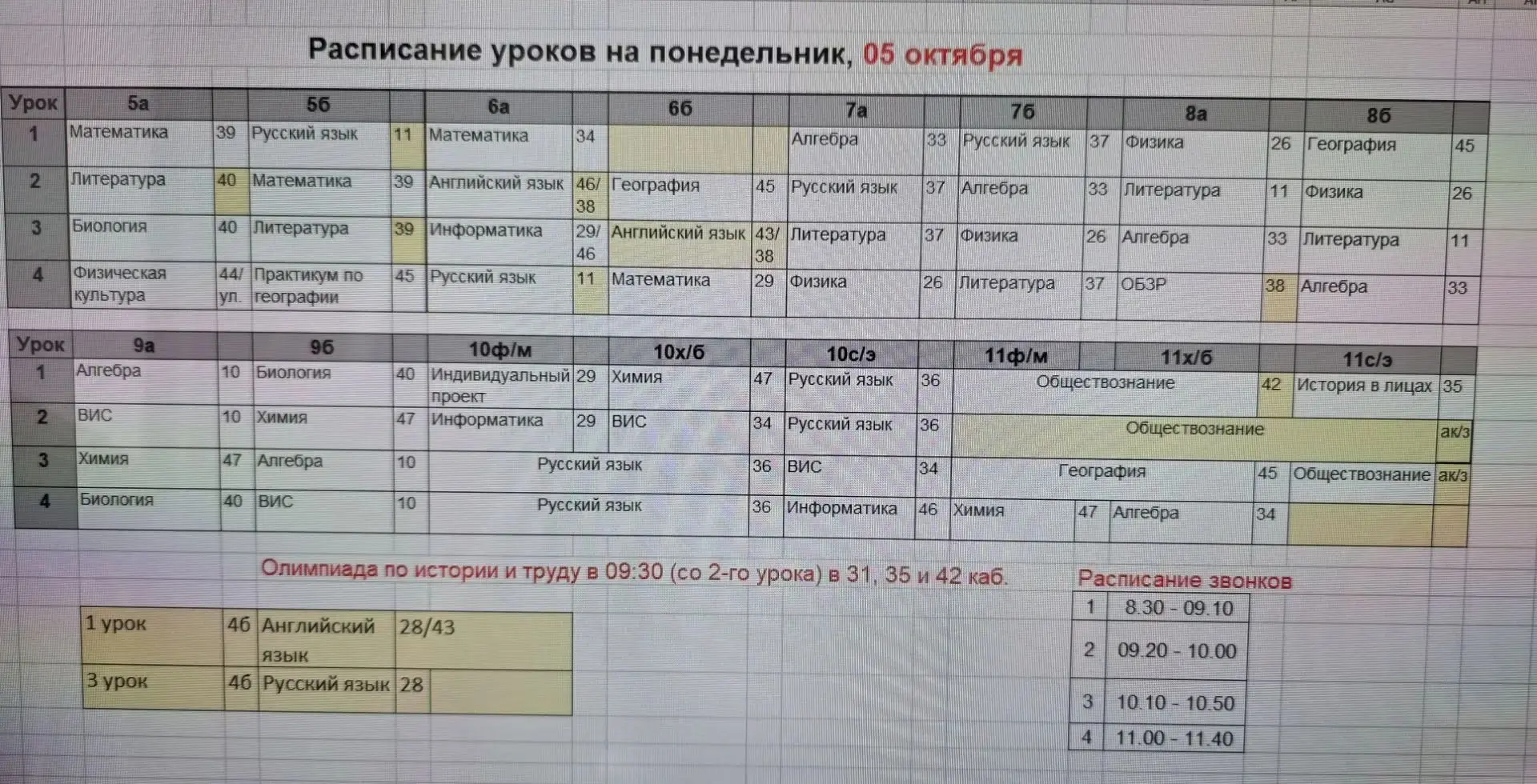 Расписание на понедельник, 5 октября.