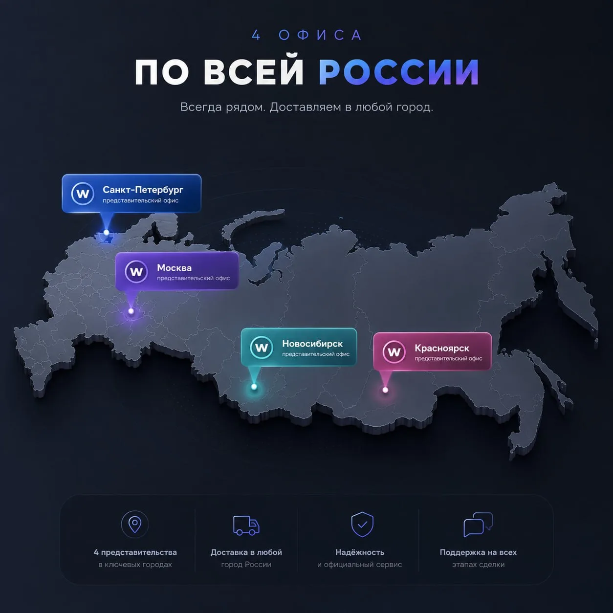 🔝 У WOW AVTO есть представительские офисы в четырёх городах России 

Вы можете приехать к нам лично