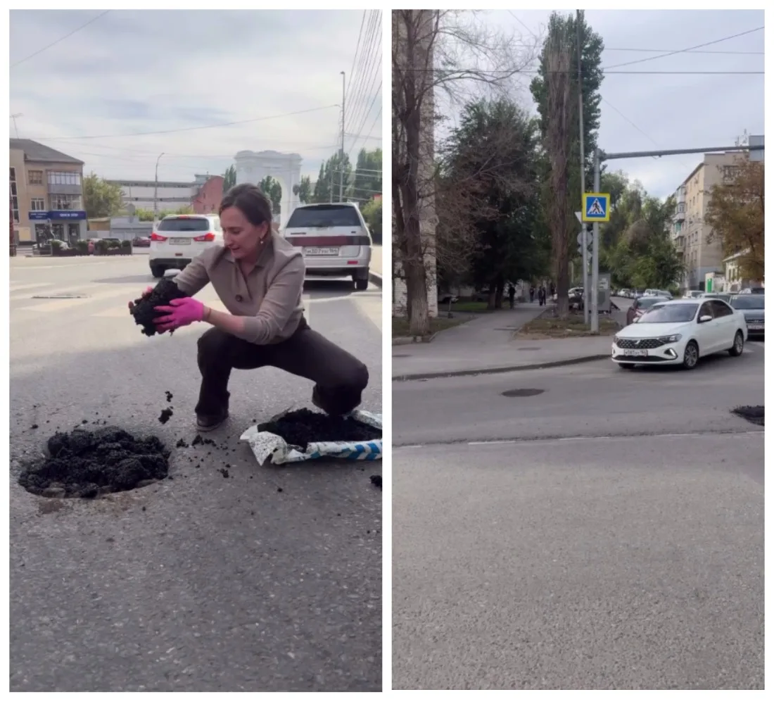 😏«Не благодарите»: саратовчанка сама заделала ямы в центре города