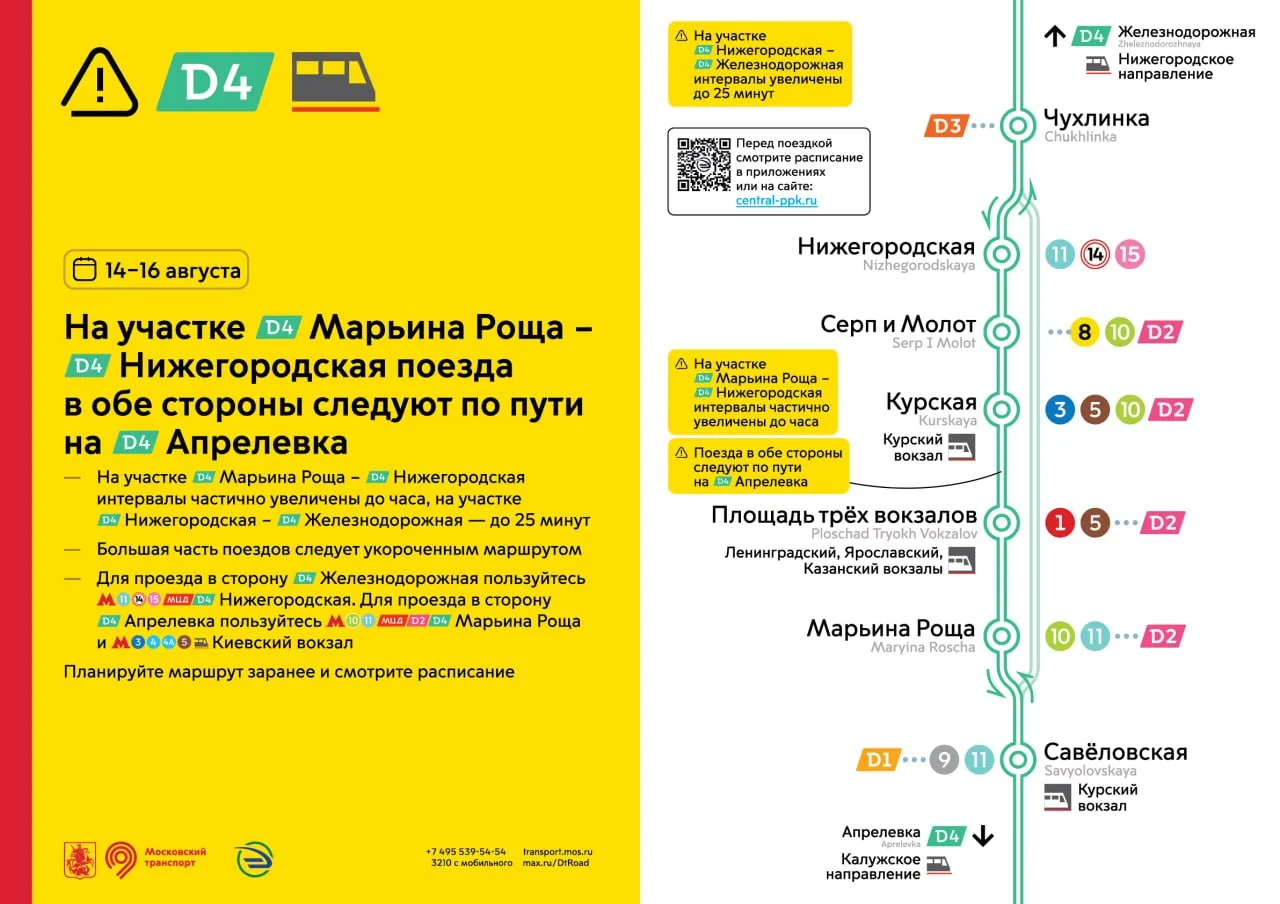 4️⃣ После 12:00 14 августа по 16 августа включительно изменится движение поездов на D4