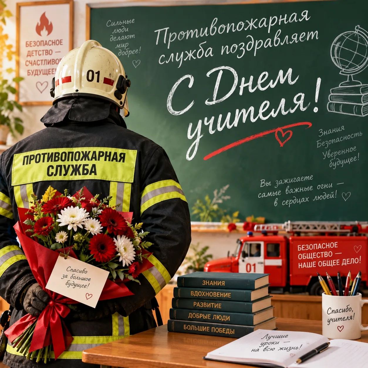 Дорогие  учителя! Коллектив противопожарной службы сердечно поздравляет Вас с Днём учит...