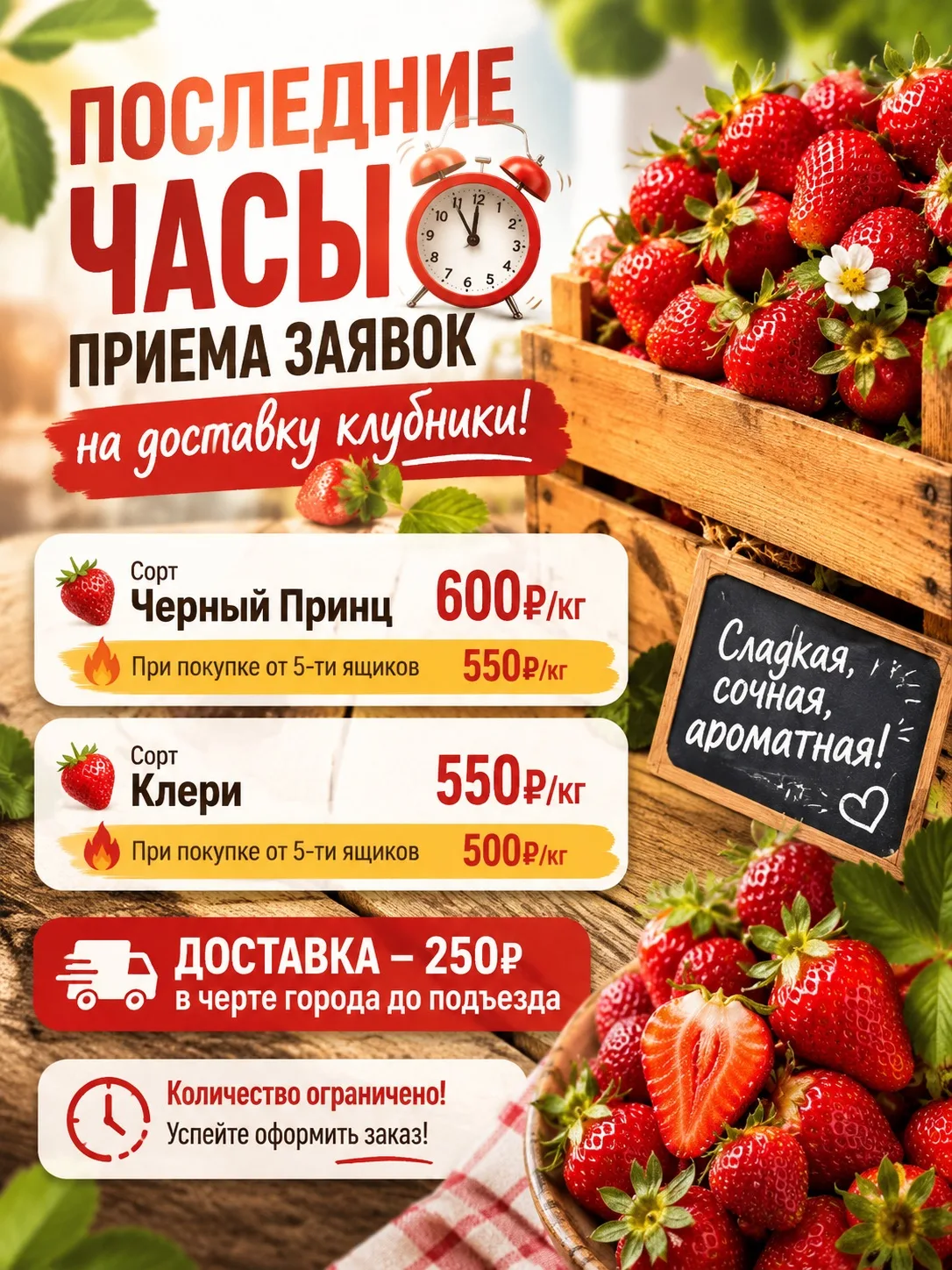 УСПЕЙТЕ ОФОРМИТЬ ЗАЯВКУ НА ДОСТАВКУ СЕЙЧАС 🔥  🍓 Сорт Черный Принц — 600₽/кг При покупке от 5-ти ящик