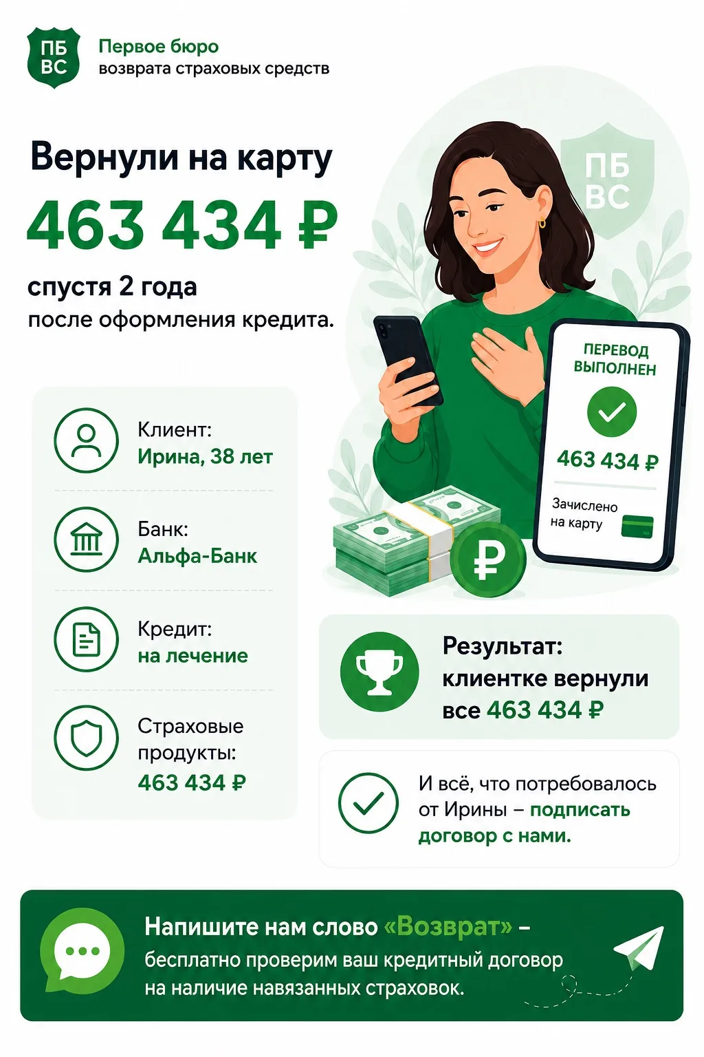Вернули на карту 463 434₽ спустя 2 года после оформления кредита.