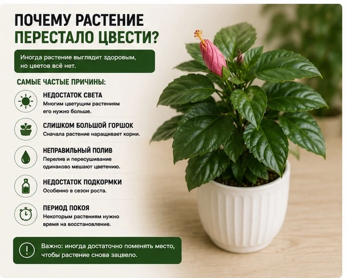 Почему растение перестало цвести

Иногда растение выглядит здоровым, но цветов всё нет.

Самые часты