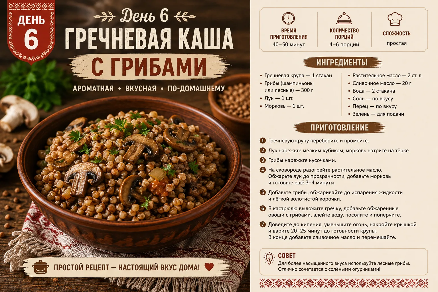 🍄 ДЕНЬ 6 — ГРЕЧНЕВАЯ КАША С ГРИБАМИ