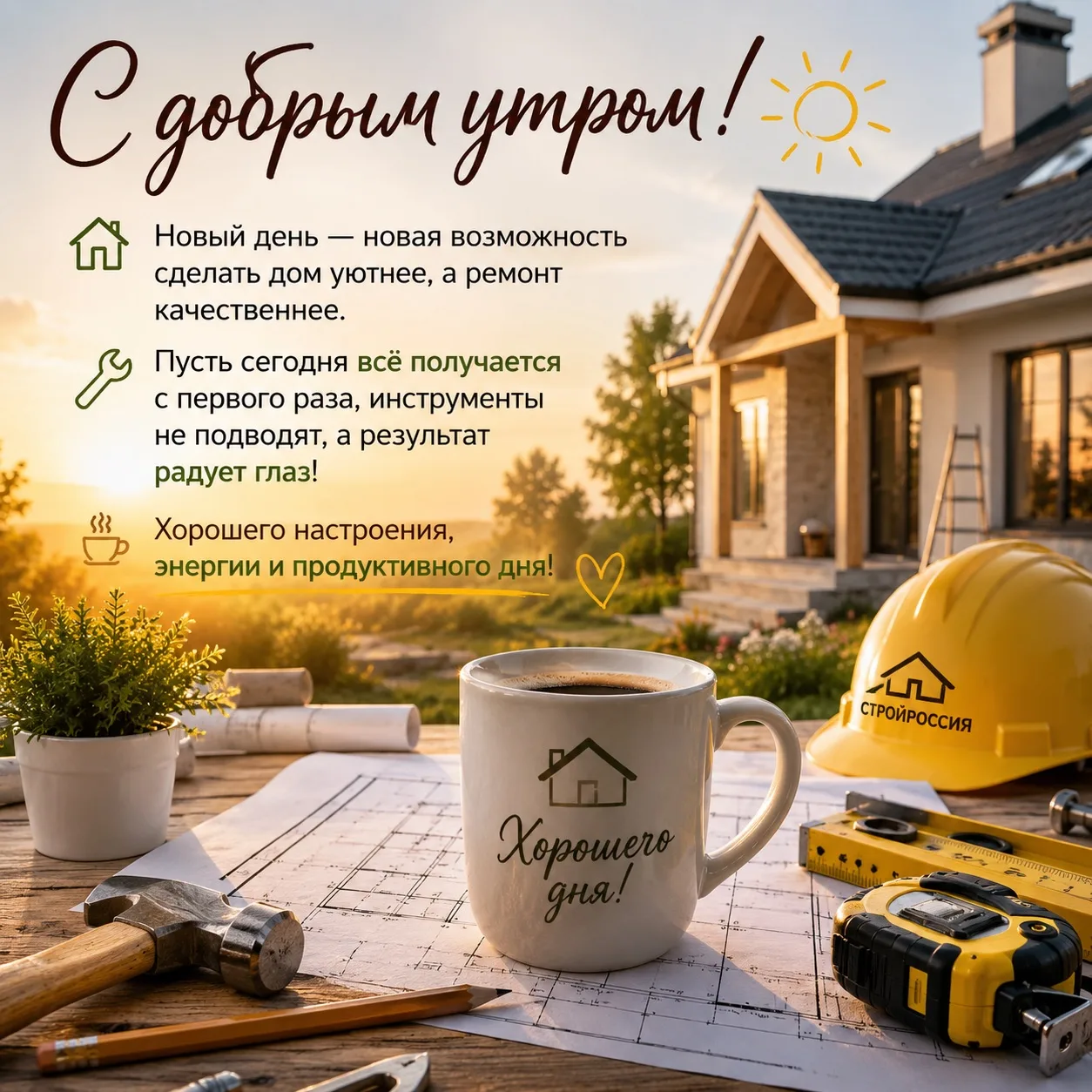 🌞 С добрым утром!

Новый день — новая возможность сделать дом уютнее, а ремонт качественнее. Пусть 
