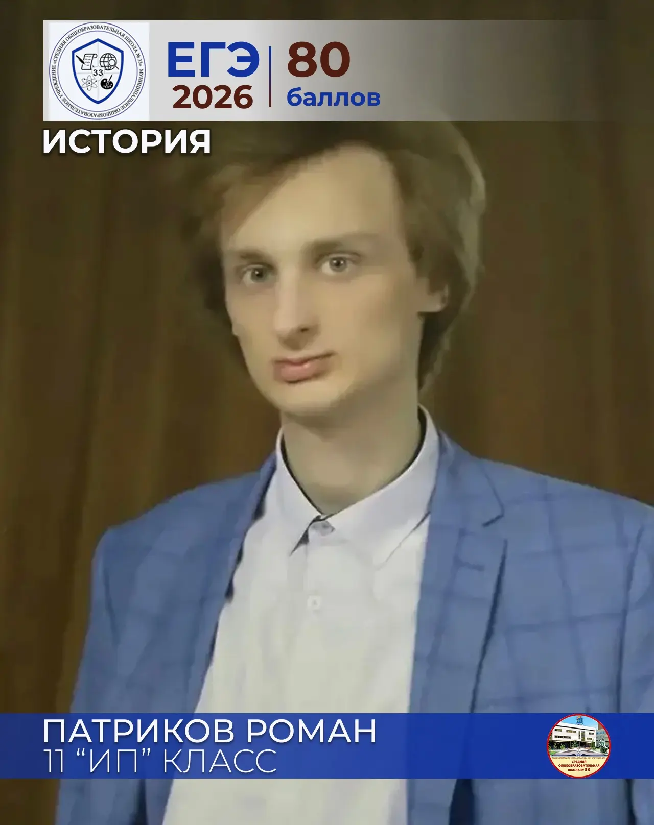 ✨ Патриков Роман ✨
ученик 11 «ИП» класса
МОУ СОШ № 33
История - 80 баллов
Педагог: Пашковская Елена 