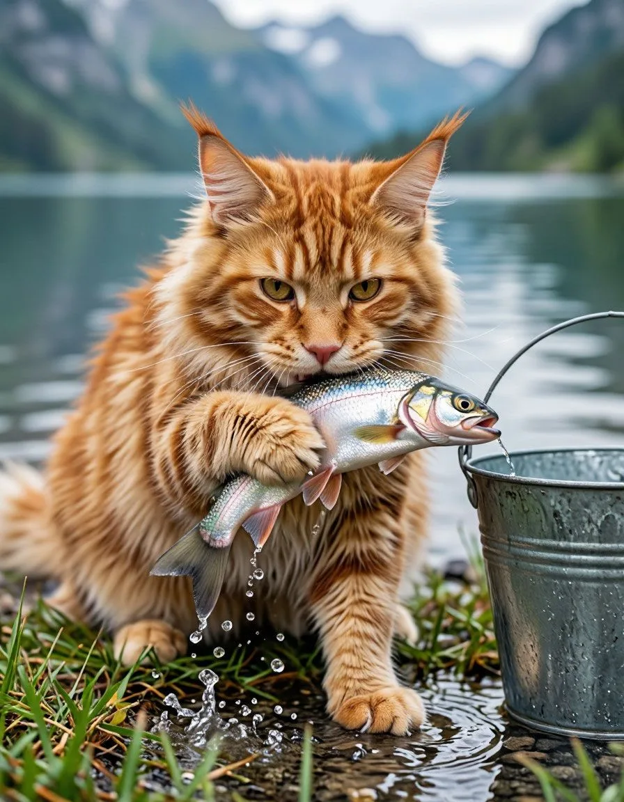 Photorealistic close-up shot of a Maine Coon cat fishing on the shore of a mountain lake, high detai