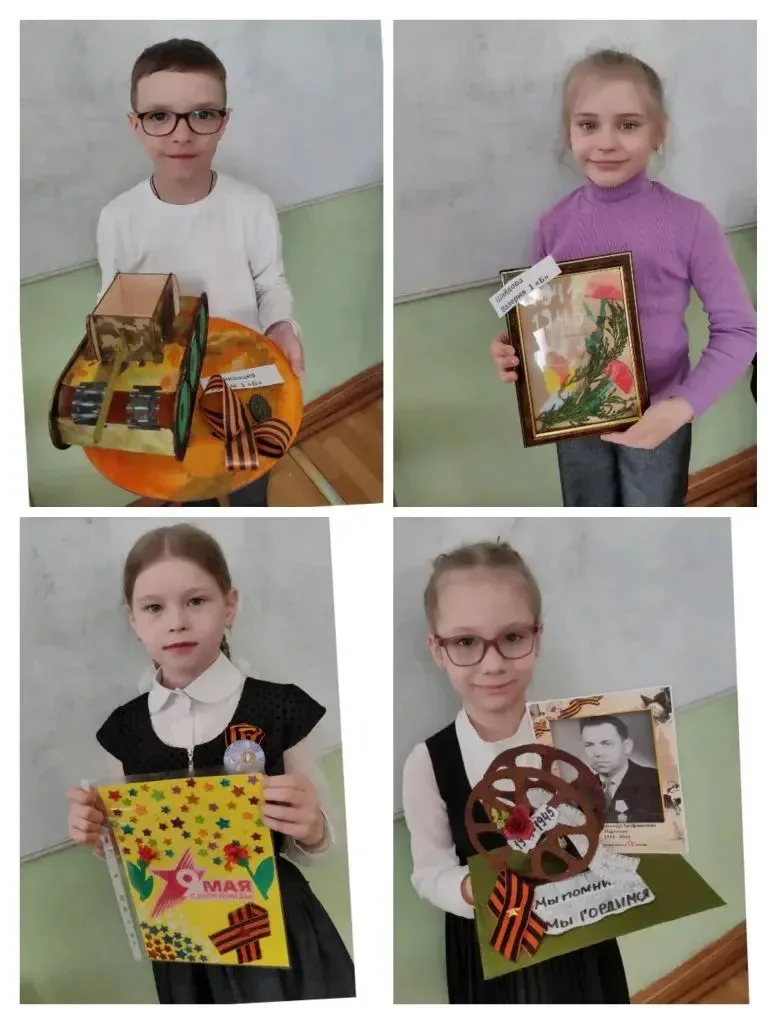 К  Дню Победы учащиеся начальных классов  и их учителя провели выставку детских работ  «Победный май
