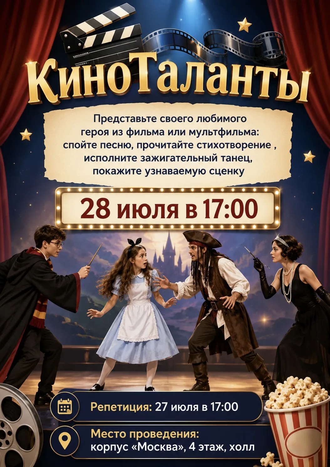 КиноТаланты 🎬

Дорогие гости!
Завтра (28.07) в 17:00 приглашаем вас на яркое мероприятие «КиноТалан