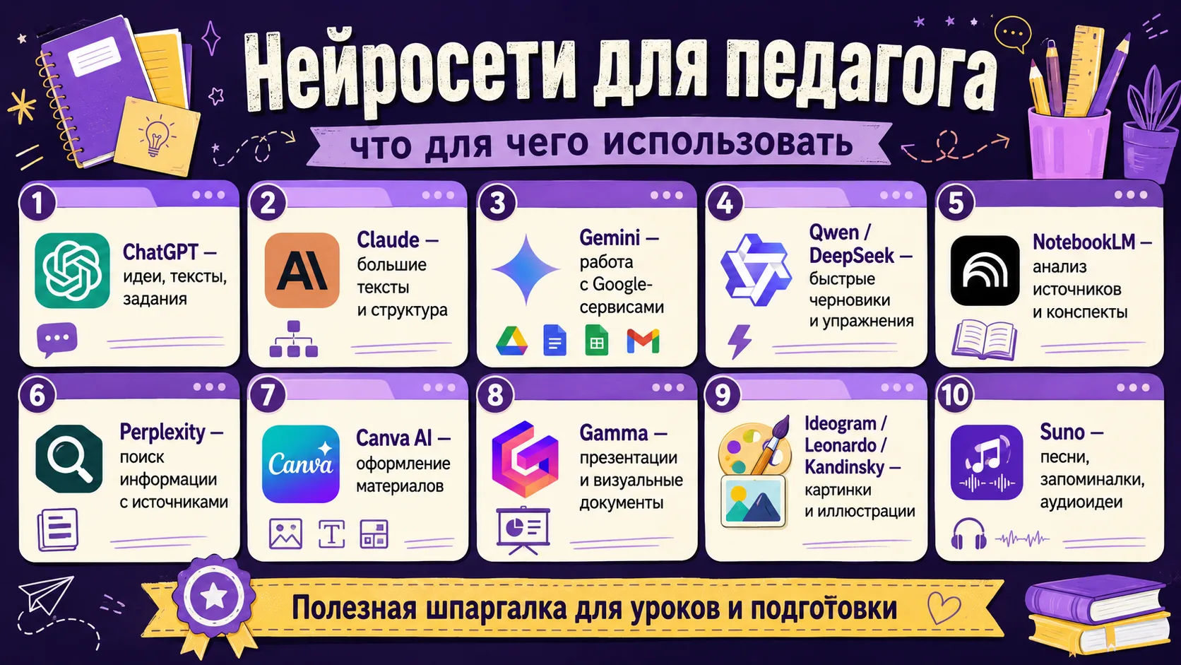 Я верю в то, что педагогу не нужно разбираться во всех нейросетях сразу)

Поэтому, я подготовила бес