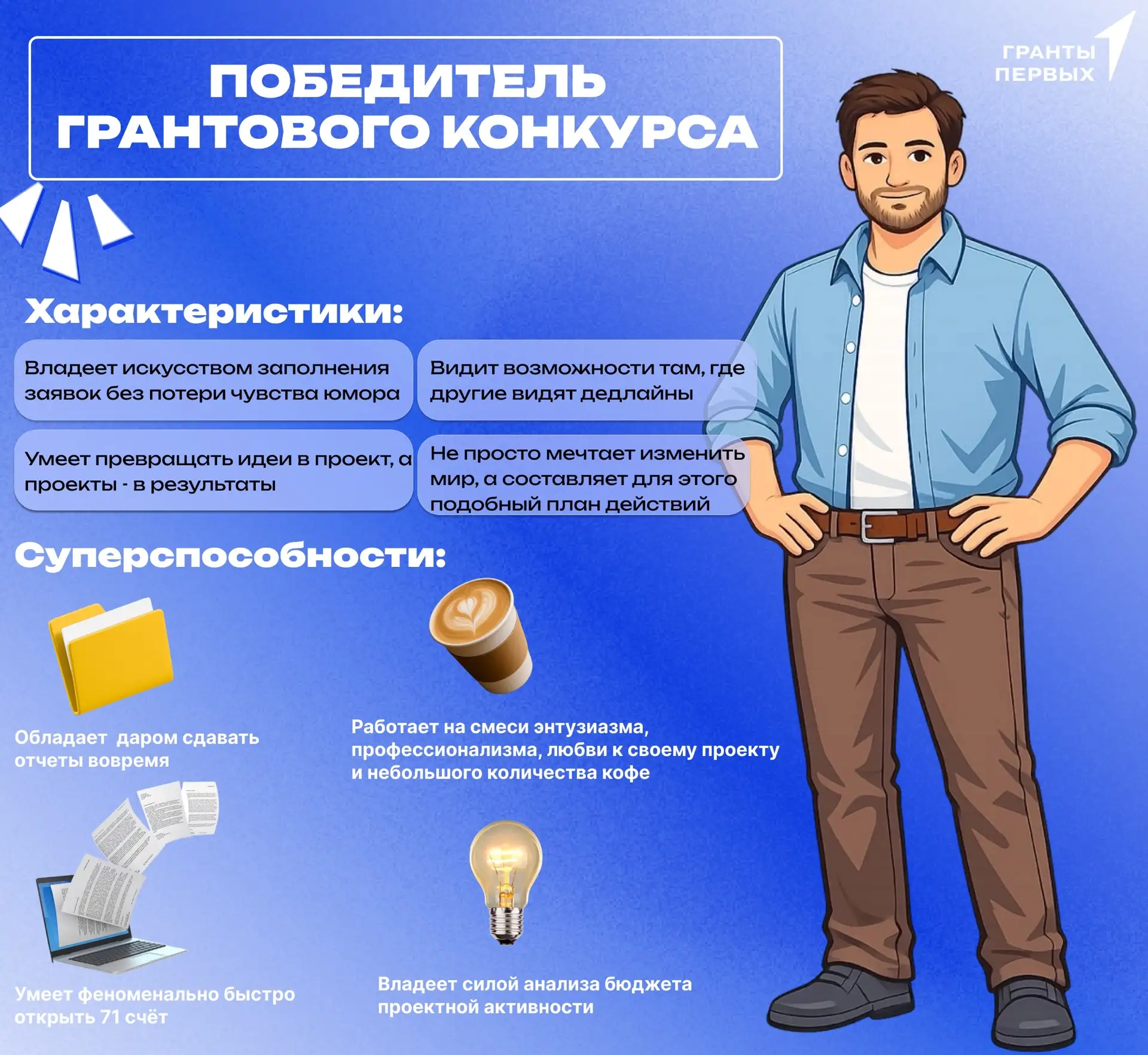 Победитель Грантового конкурса. Кто он? 😎

🔹Он виртуозно жонглирует идеями, дедлайнами, бюджетами,