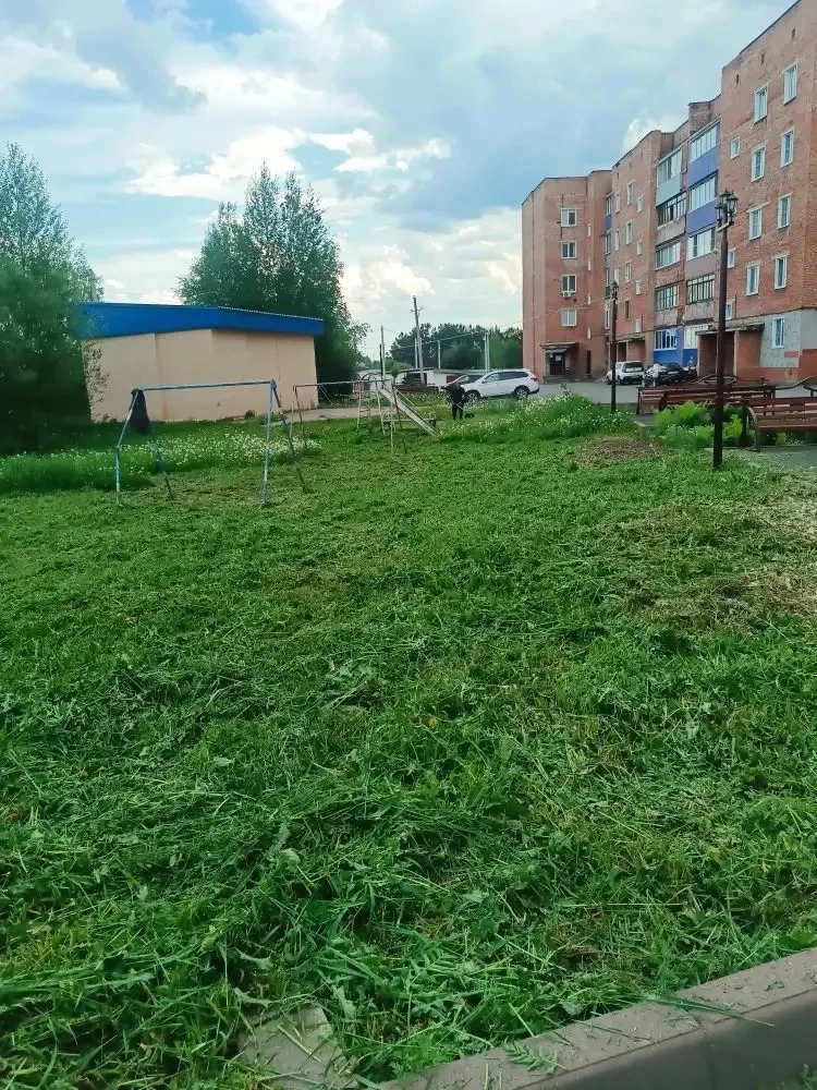 Проводиться окашивание травы на придомовой территории по адресу ул.Лазо, д.35
