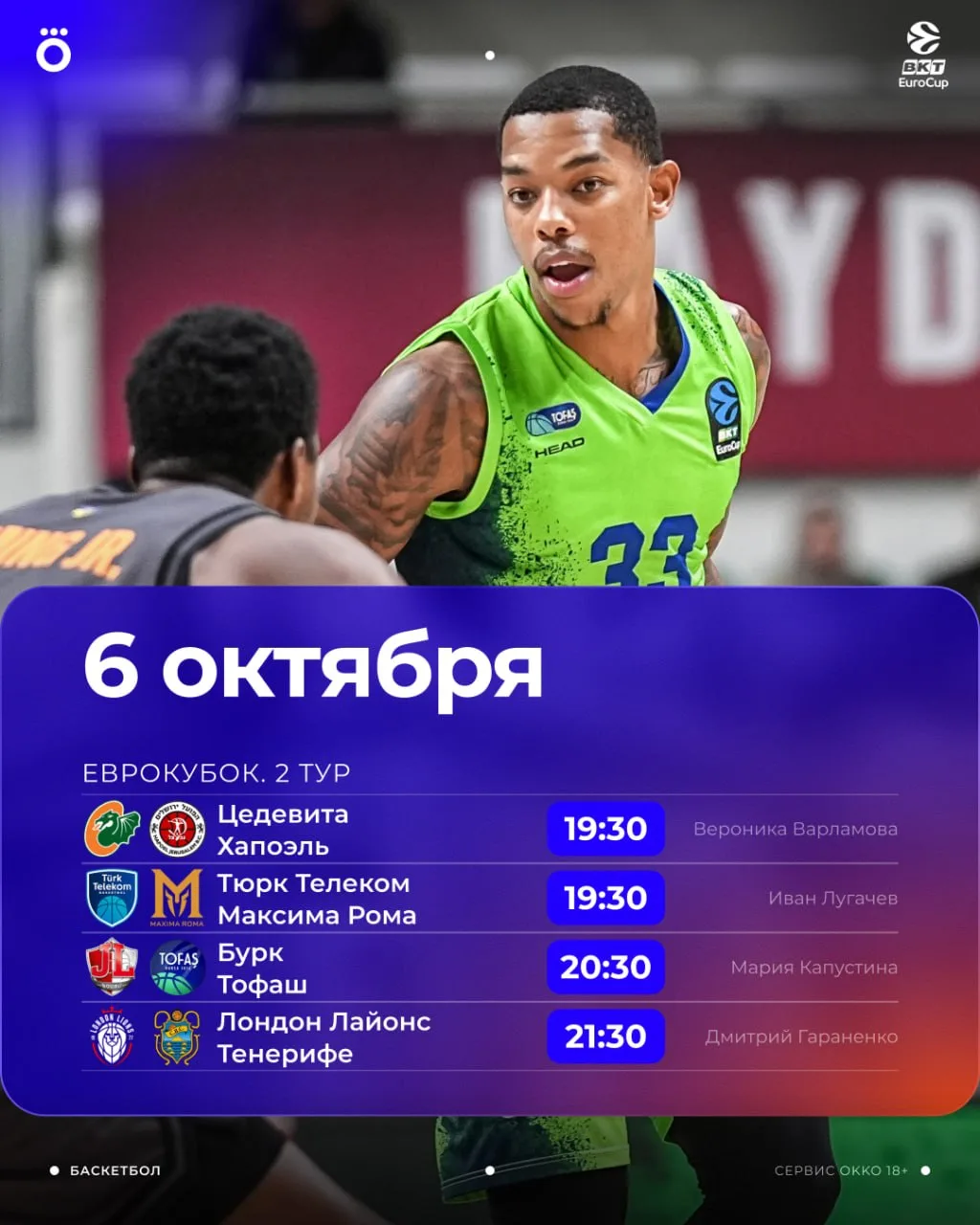 🏀 Сегодня последим за командами из Еврокубка. Второй тур начинается!