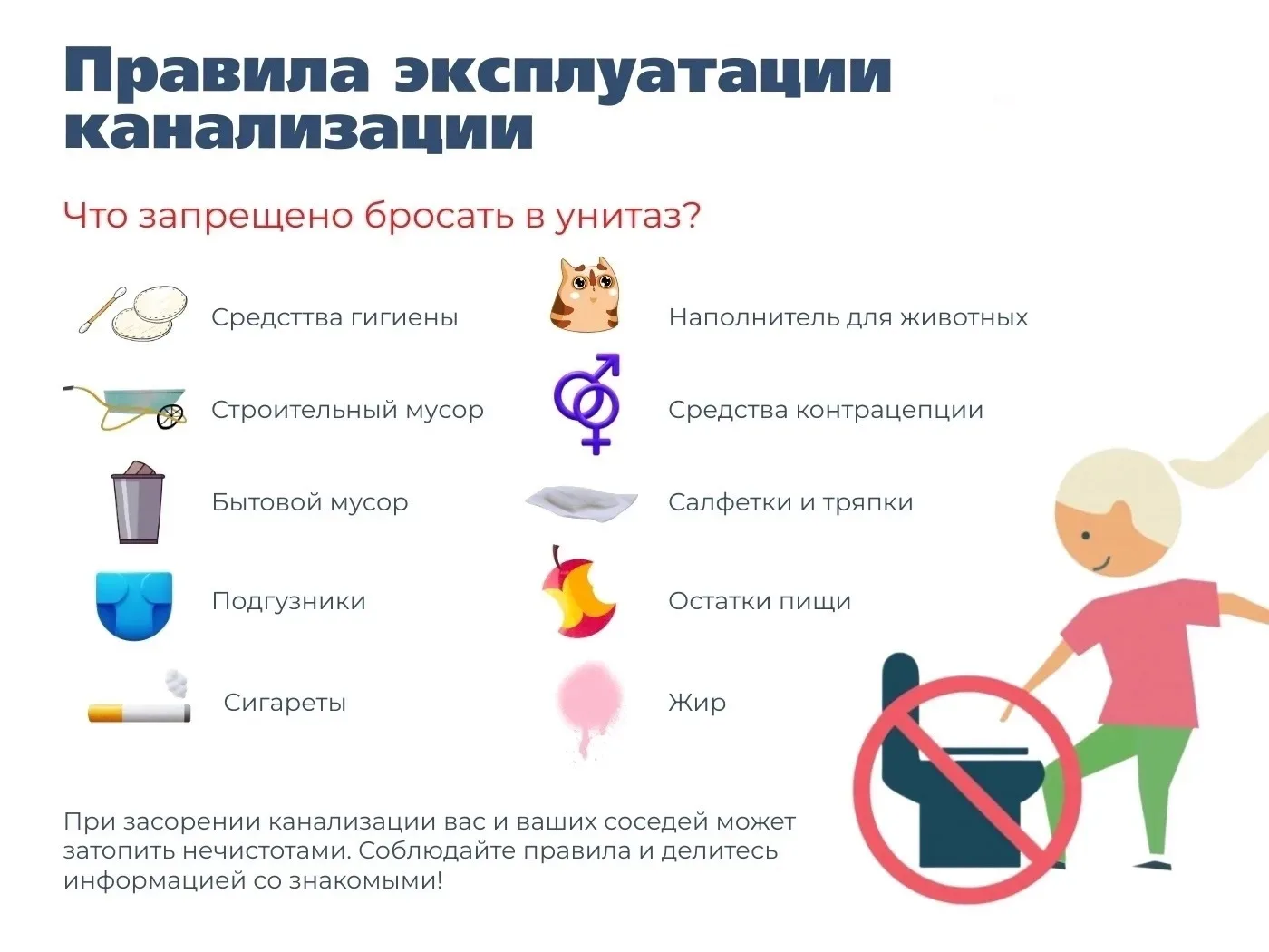 🚨Помните, что мусор, выброшенный в унитаз, приводит не только к засорам, но и изливу стоков на пове