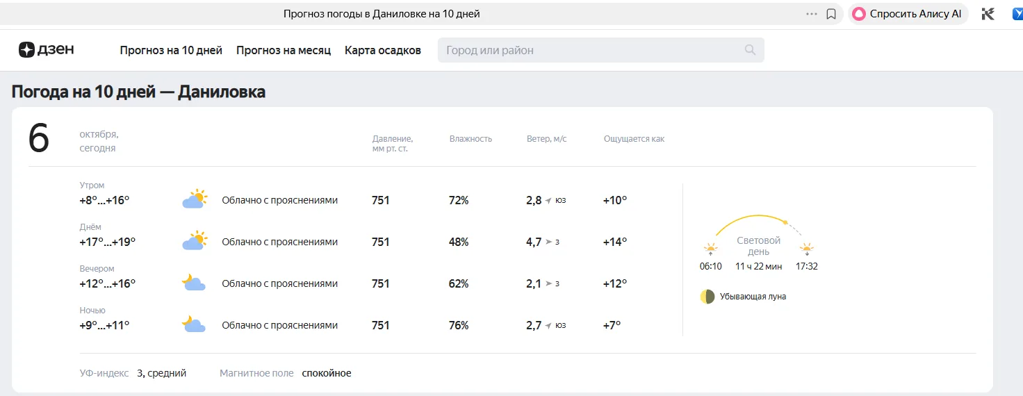 Погода на сегодня в Даниловке
