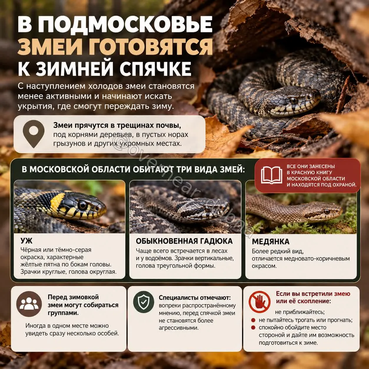 🐍 С наступлением холодов змеи в Подмосковье ищут места для зимовки