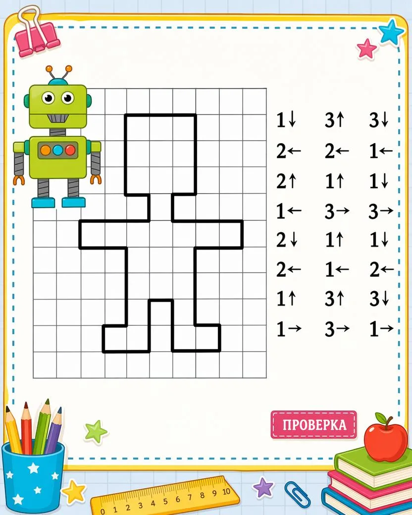✏️ Рисунок появится не сразу…  Сначала — только клеточки, стрелочки и внимательные глазки детей.  А 