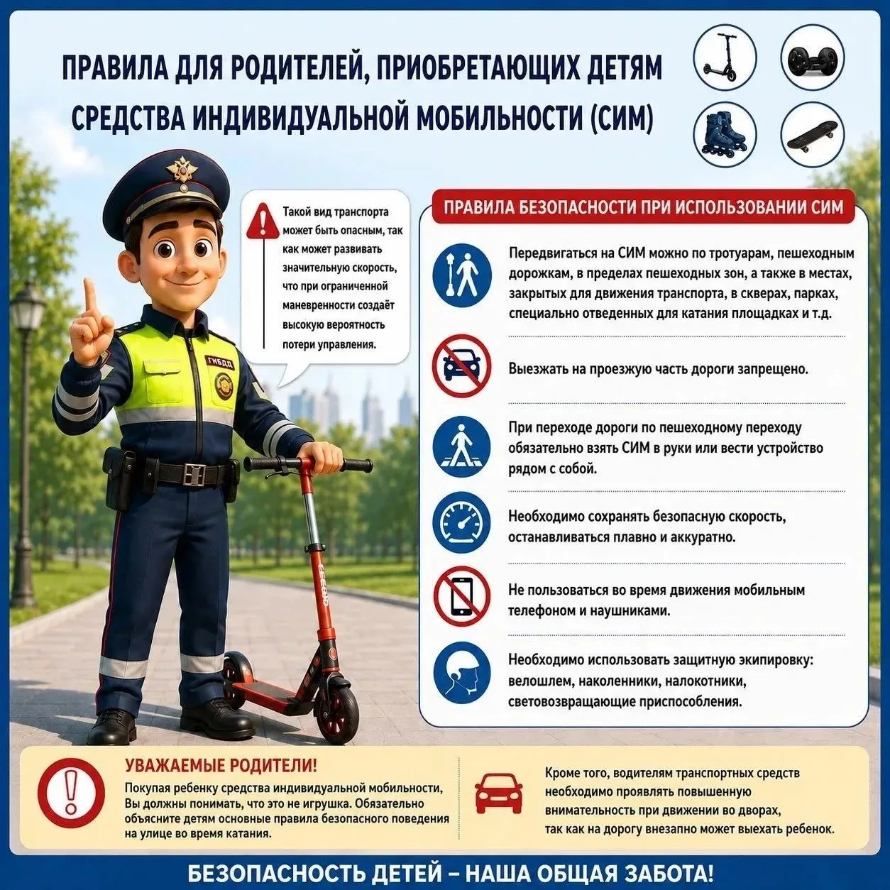 Уважаемые родители❗️

Приобретая для ребенка средства индивидуальной мобильности (самокаты, гироскут