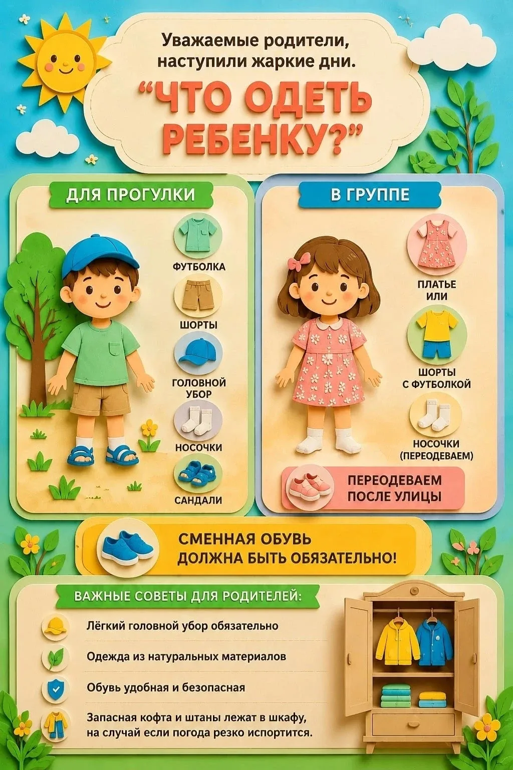 📢 Уважаемые родители!

🌞 С наступлением жарких дней хотим обратить ваше внимание на важный вопрос: