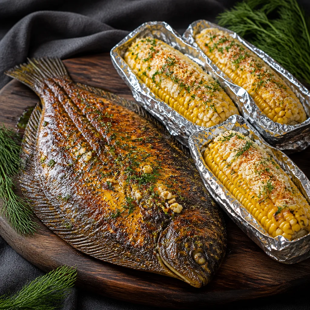 Камбала на гриле с чесночным маслом и кукуруза в сырной корочке

Нежная камбала, обжаренная на углях