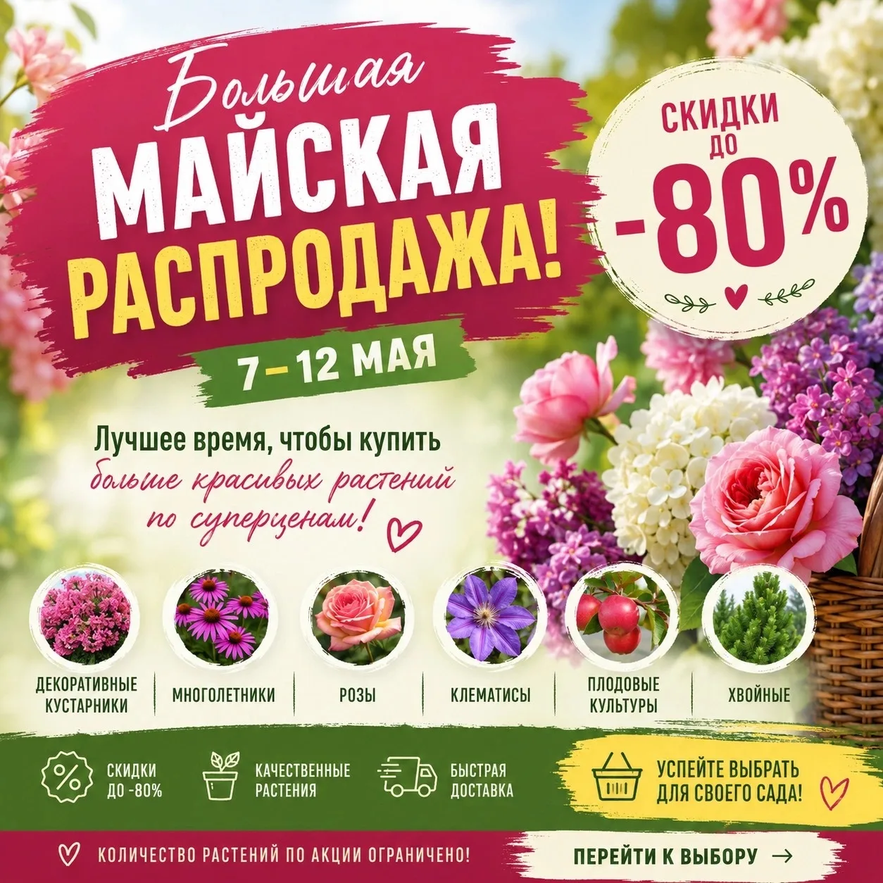 🔥 Сегодня последний день Большой майской распродажи! 🔥  Скидки до −80% на растения в наличии заканчи