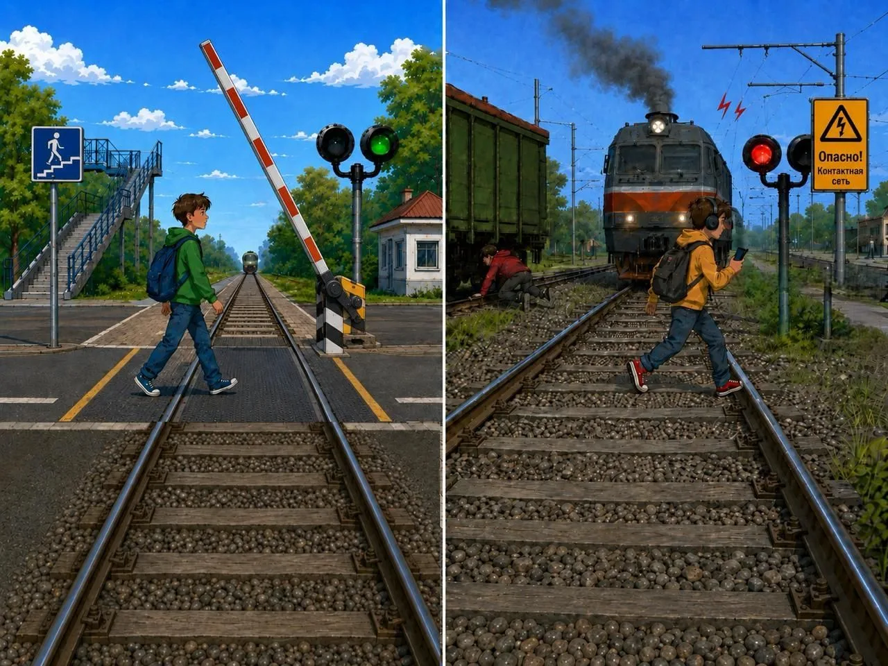 🚆 Найдите все отличия и вспомните правила безопасности!
Посмотрите на картинку вместе с ребенком: г
