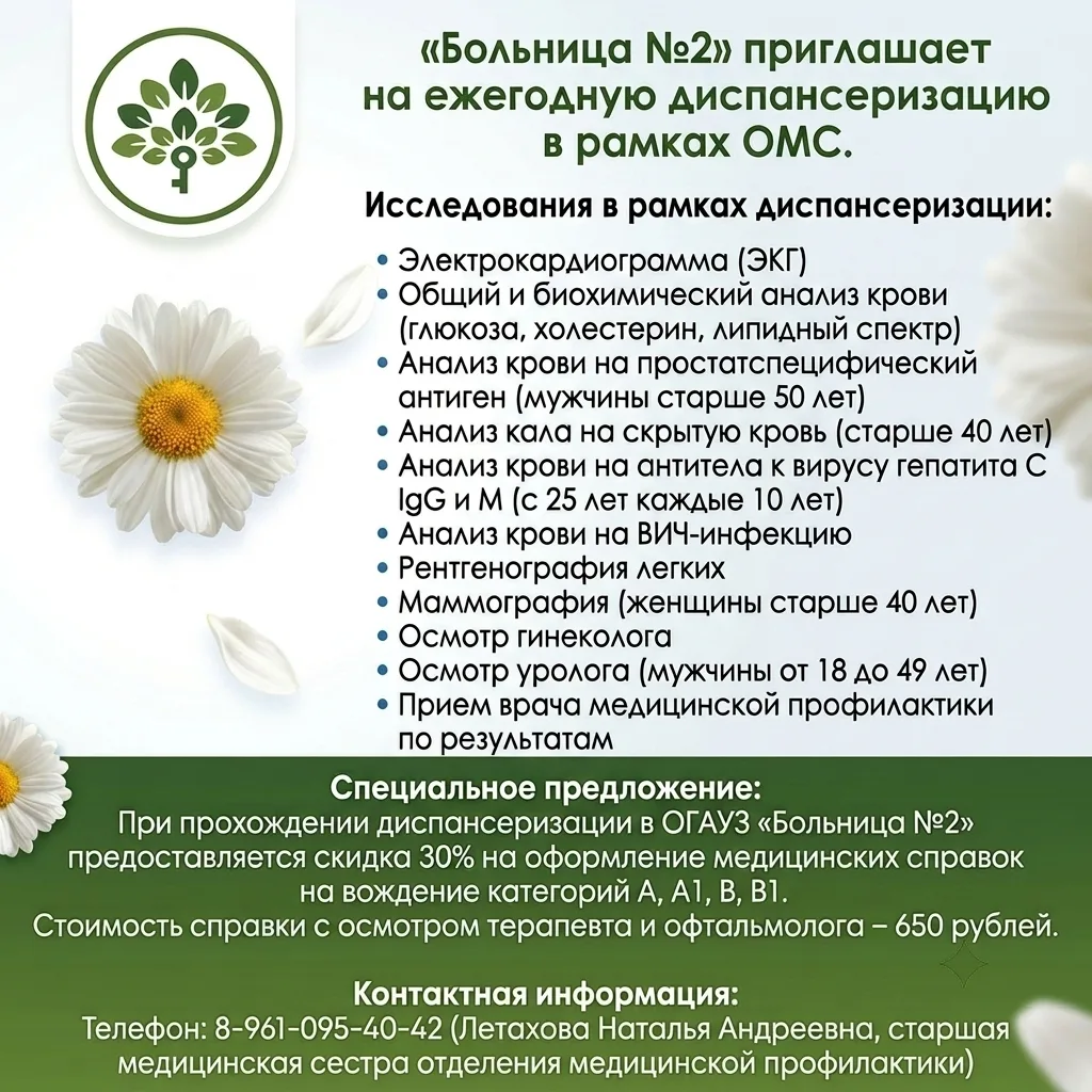 «Больница №2» приглашает на диспансеризацию в рамках ОМС!

Заботьтесь о своем здоровье – пройдите еж