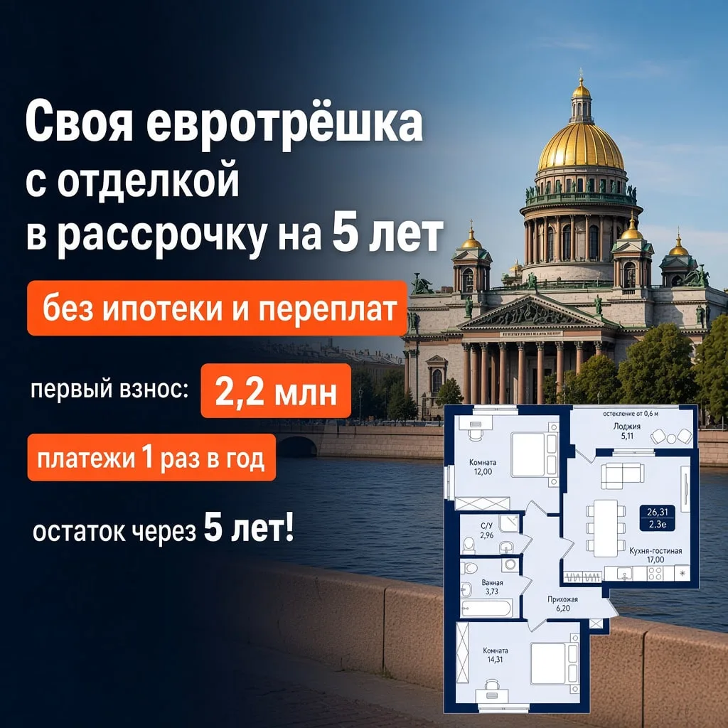 Своя 3-евро квартира с ремонтом без переплаты банку. Рассрочка на 5 лет для всех!