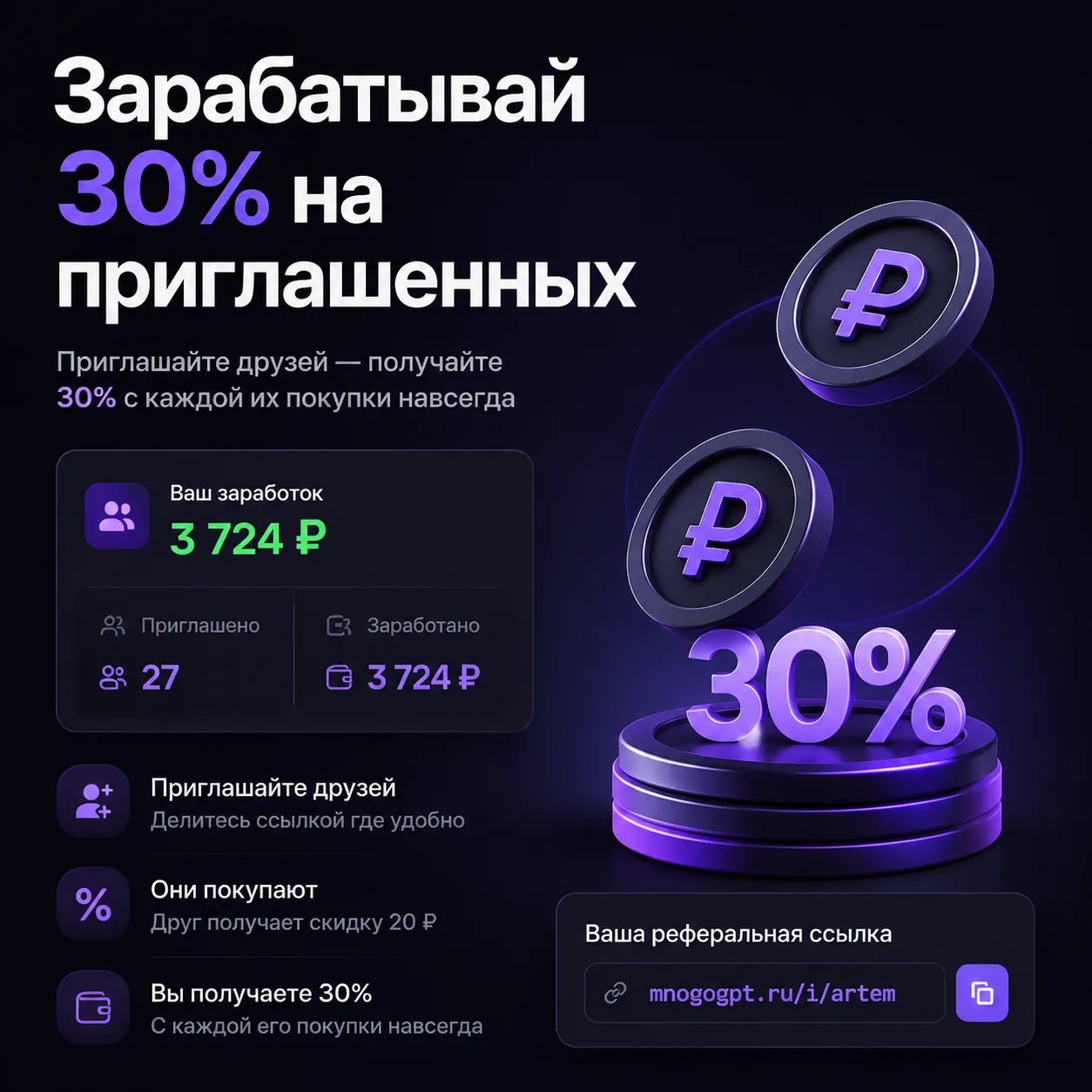Приглашайте друзей и зарабатывайте себе прямо у нас в сервисе.