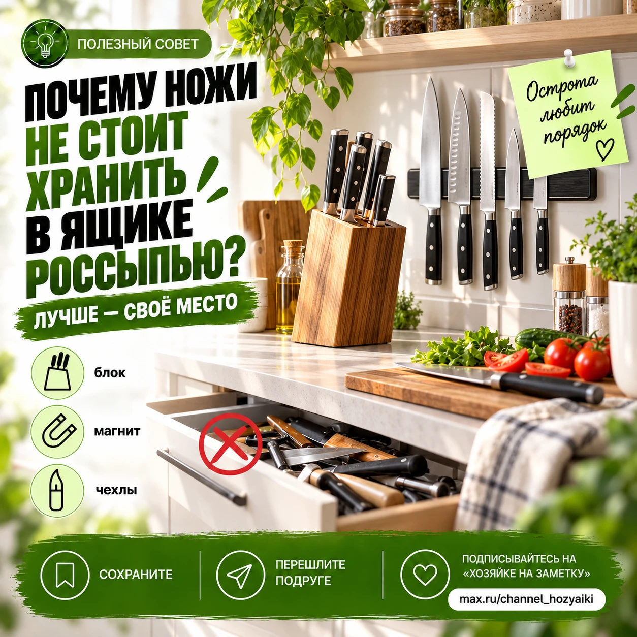 🔪 Почему ножи лучше не хранить россыпью в ящике