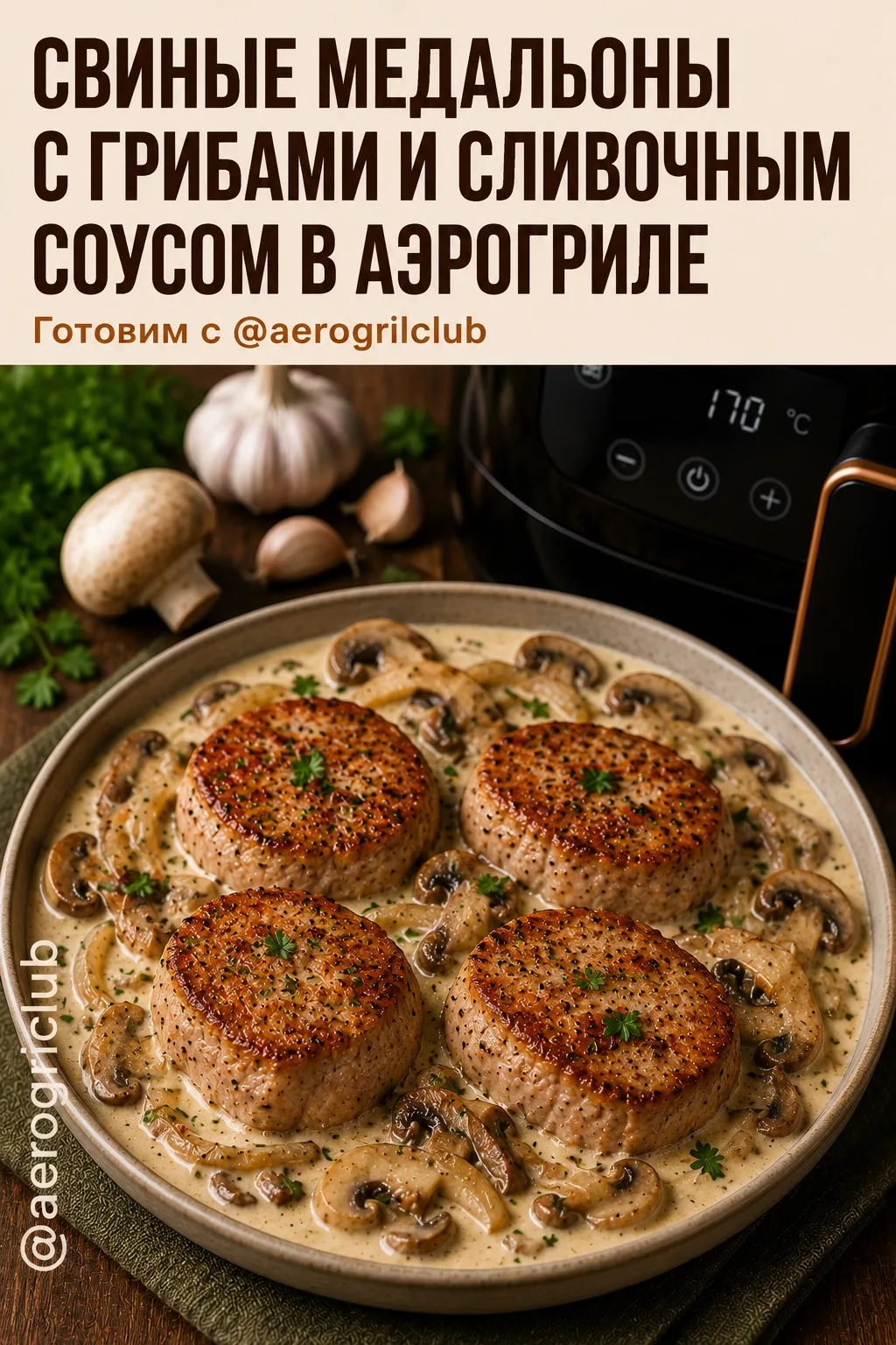 🥩 Свиные медальоны с грибами и сливочным соусом в аэрогриле

Нежные свиные медальоны, обжаренные до