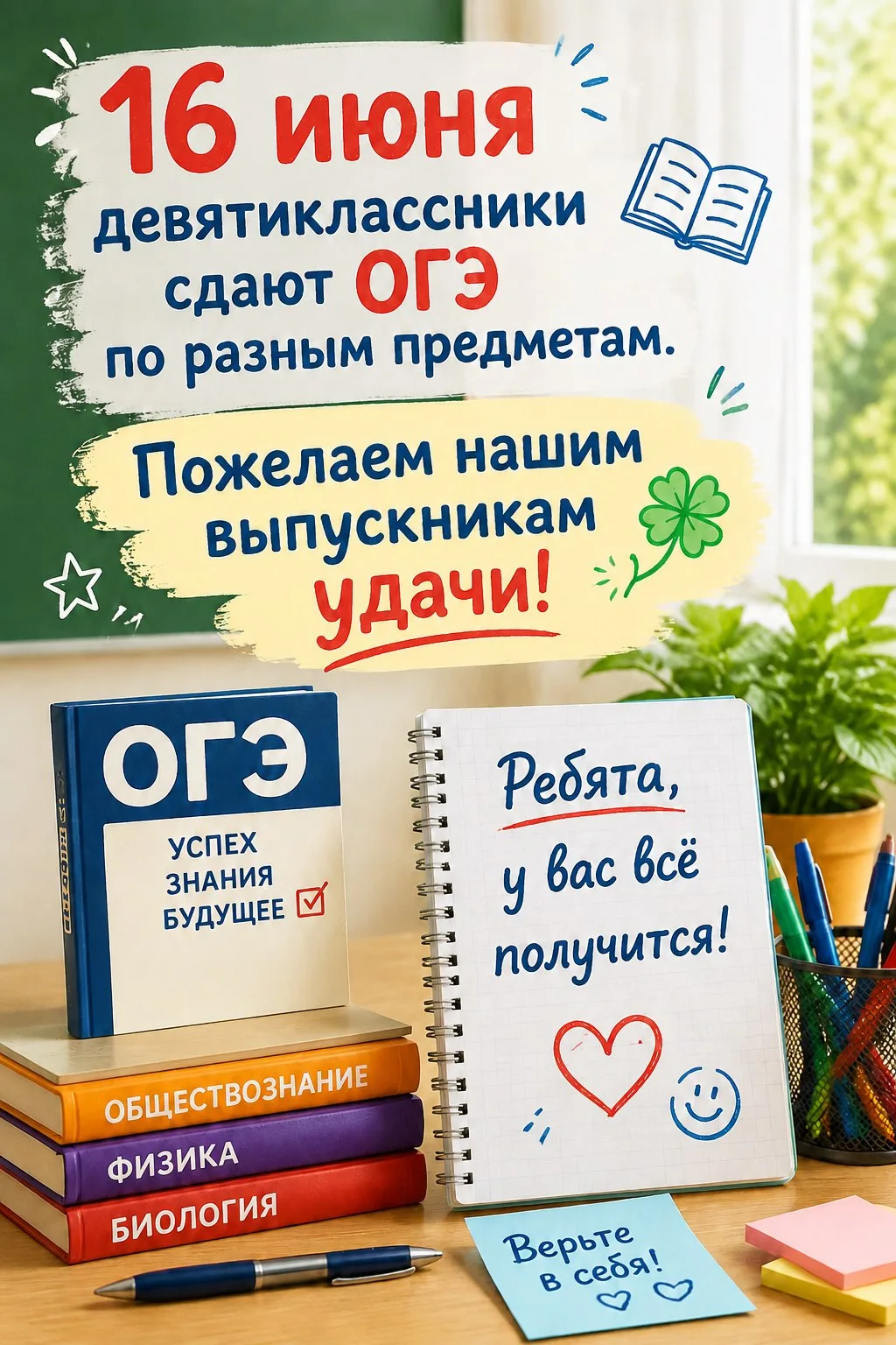 Завтра важный день! Наши девятиклассники  сдают ОГЭ по разным предметам.

Ребята, мы верим в каждого