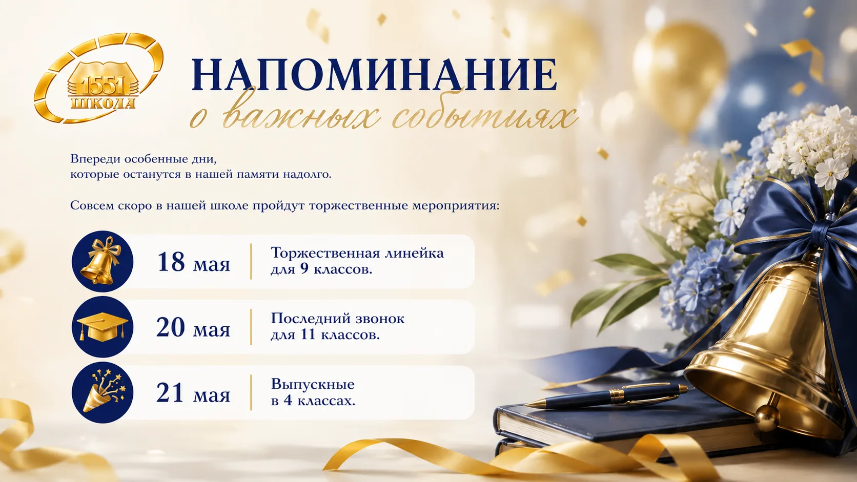 🔔Май — время особенных школьных событий.  Впереди дни, которые останутся в памяти наших учеников, ро