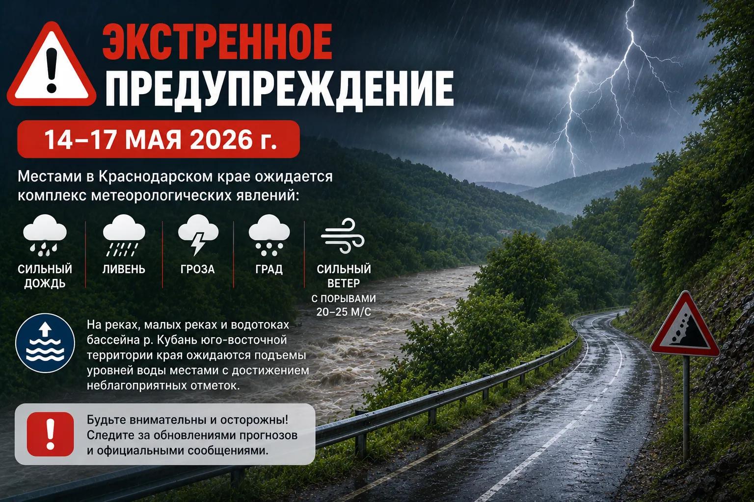 ⚠️🌧 Экстренное предупреждение  До конца суток 14 мая, а также в течение суток 15–17 мая местами в Кр