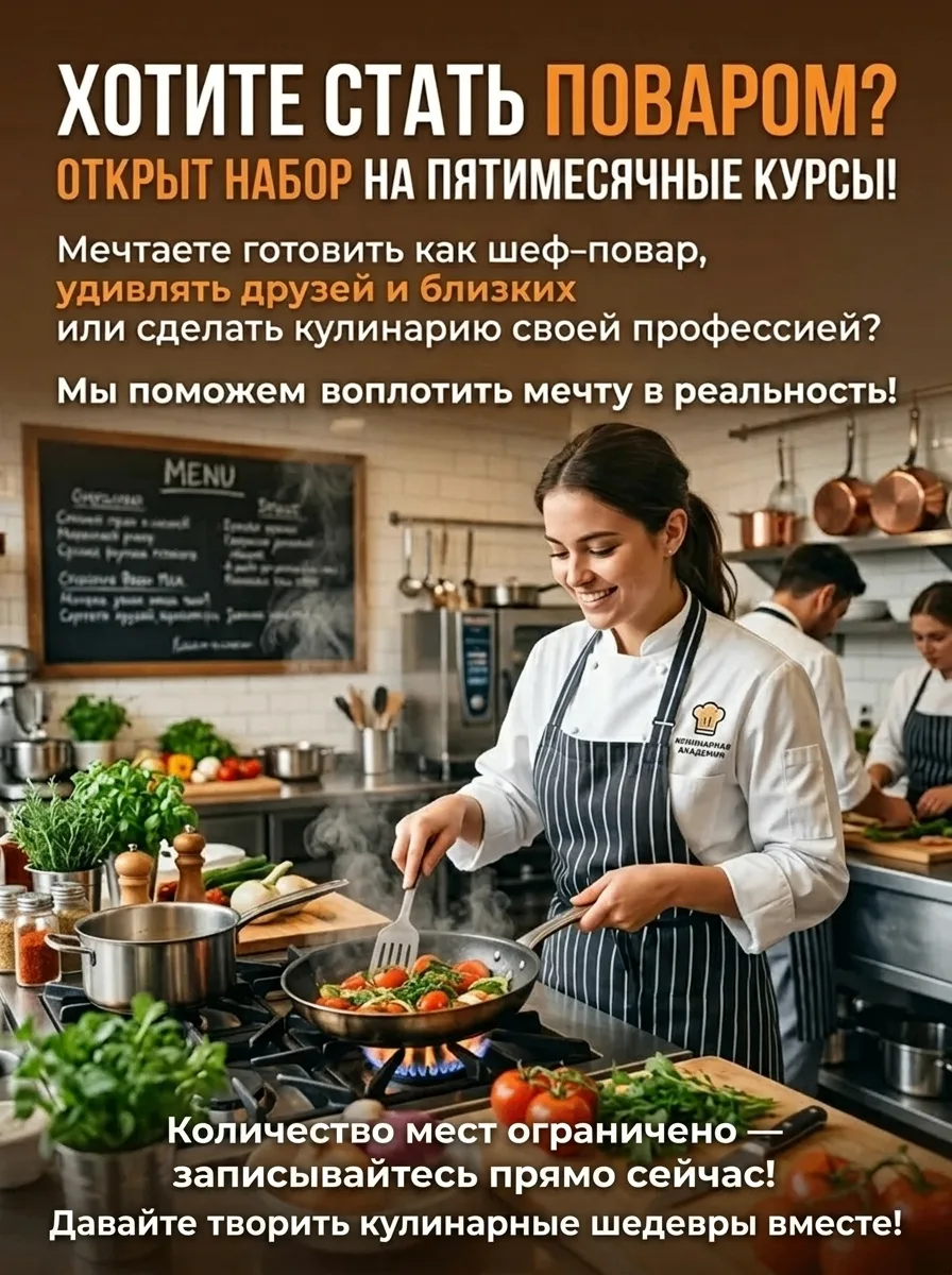 Хотите стать поваром? Открыт набор на пятимесячные курсы!
Мечтаете готовить как шеф‑повар, удивлять 