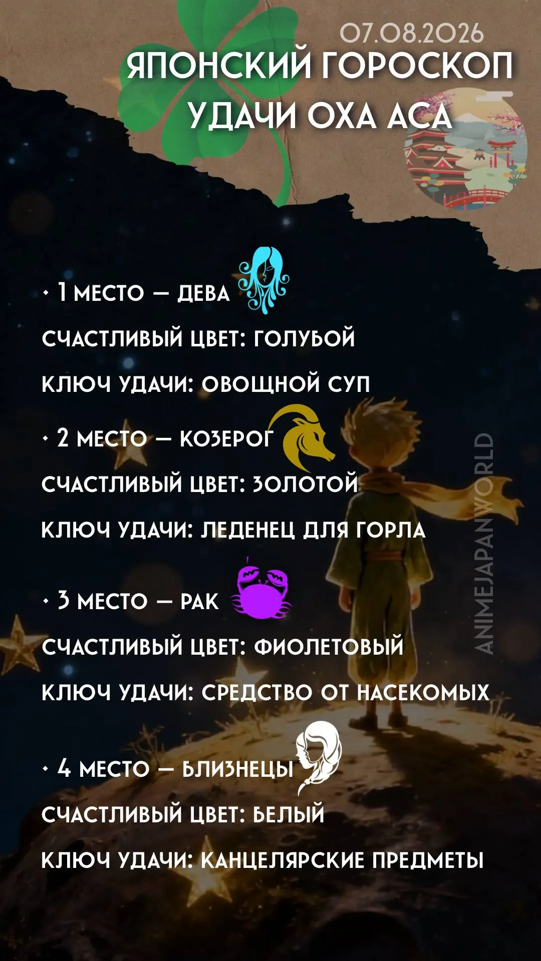 • Японский гороскоп удачи  на сегодня (07.08.2026) 🍱 Всем отличного дня!
С днём собирания звёзд!🌟
