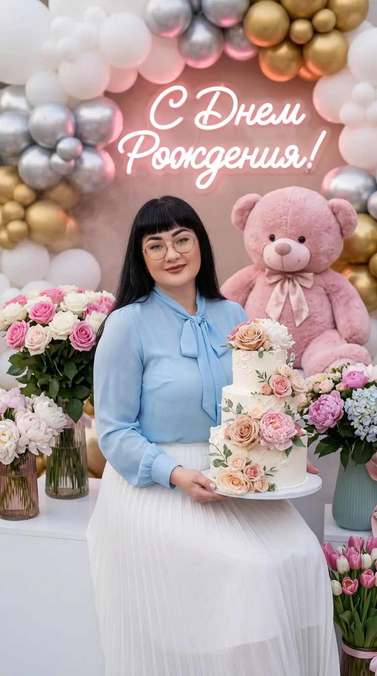 Создай не меняя черты лица реалистичное фото праздничной фотосессии к дню рождения в ст...