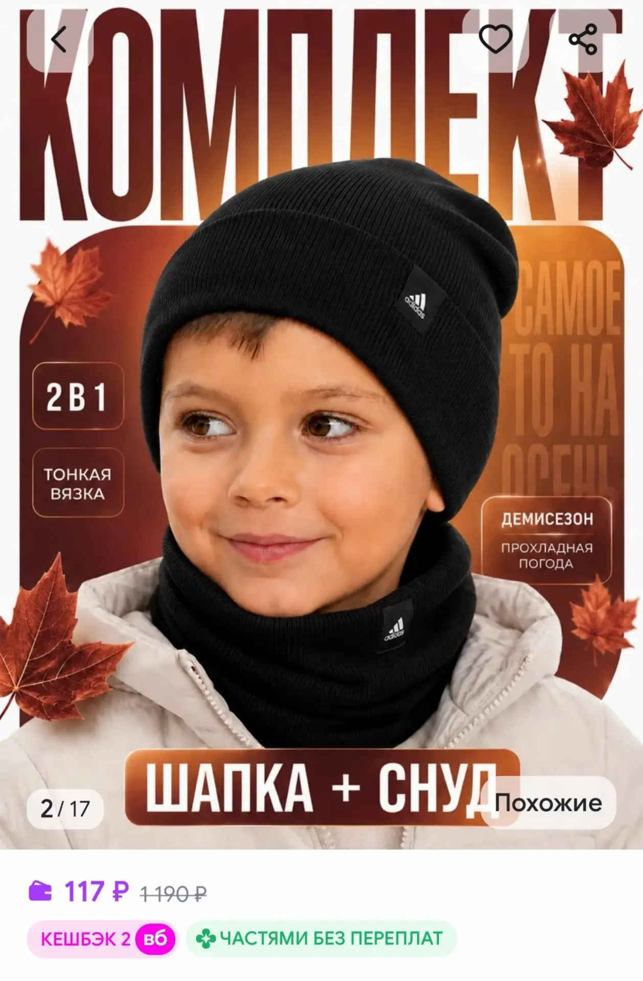 📎Шапка для мальчика зимняя со снудом на флисе adidas