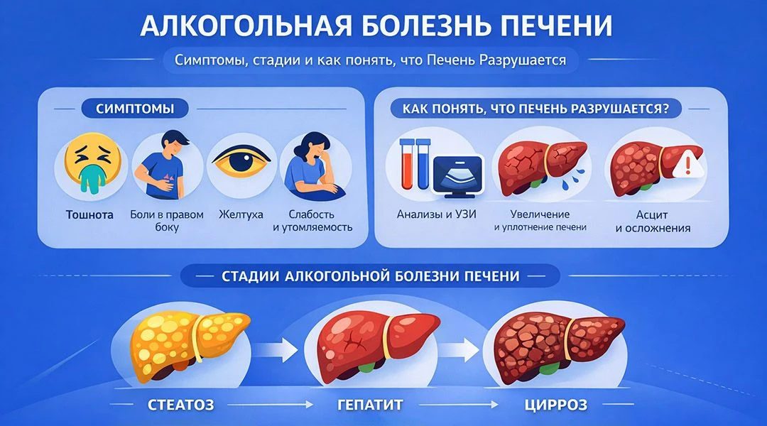 Алкогольная болезнь печени
При регулярном употреблении спиртных напитков, развиваются различные форм
