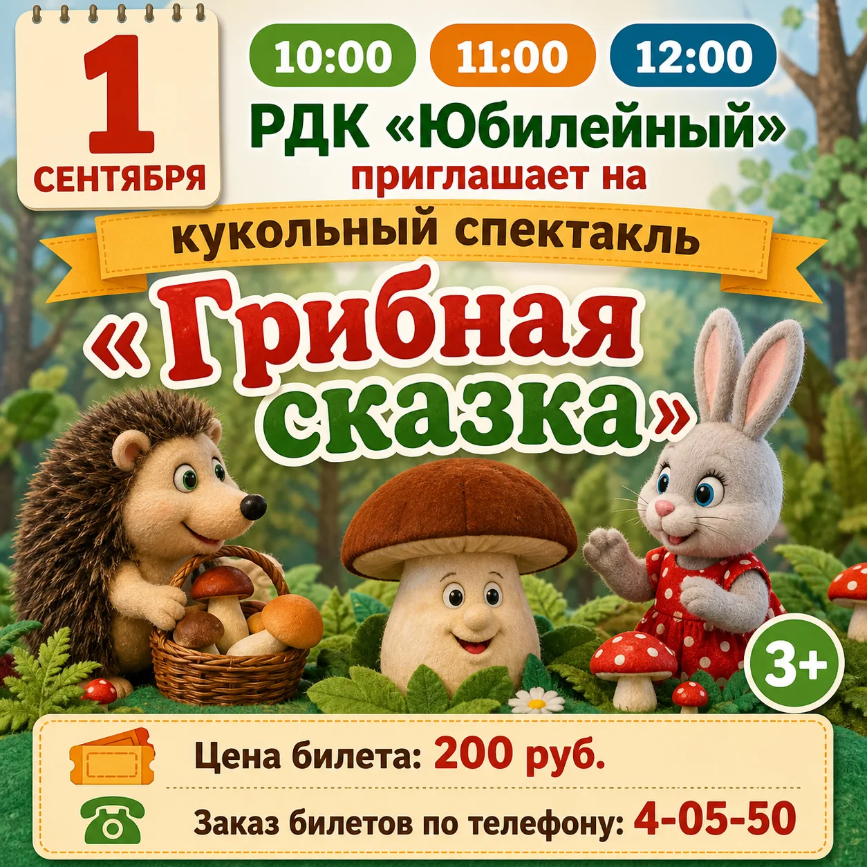 🍄 1 сентября в 10:00, 11:00 и 12:00 Народный самодеятельный кукольный театр «Теремок» ...