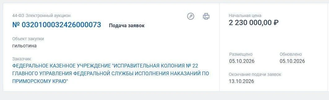 😳🔪 Приморский ФСИН закупает гильотину за 2,23 млн рублей
