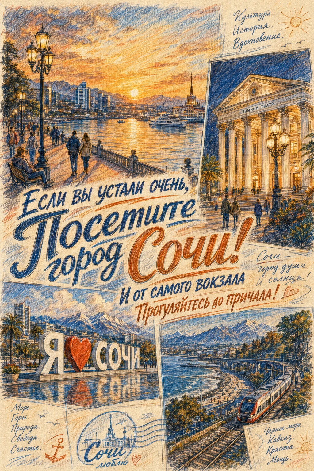 GPT Image 2. Используйте художественный стиль цветных карандашей и создайте большую атм...
