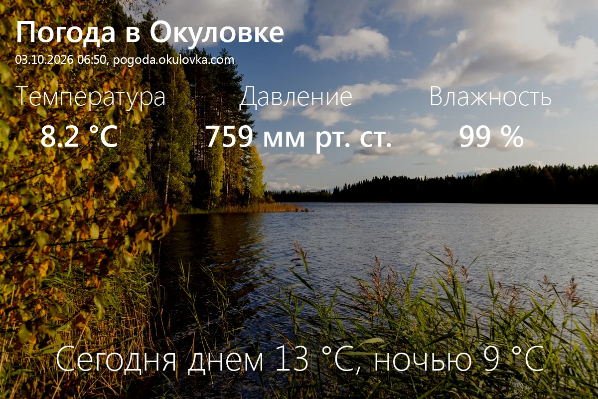 Доброе утро! Сейчас в Окуловке 8.2 °C, давление 759 мм.рт.ст., влажность 99%.
