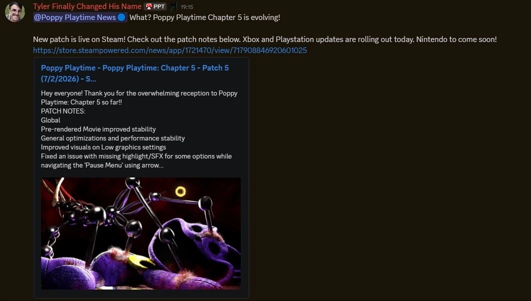 5️⃣ — ПАТЧ ДЛЯ 5 ГЛАВЫ POPPY PLAYTIME!

Разработчики Mob Entertainment выпустили крупное обновление 