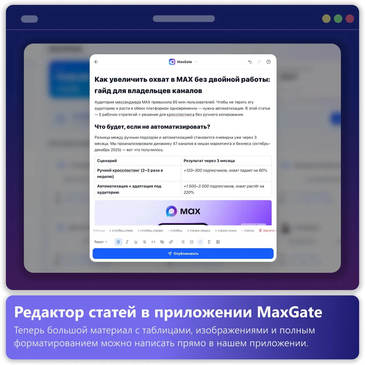 В MaxGate появился встроенный редактор статей. Теперь большой материал с таблицами, изображениями и 