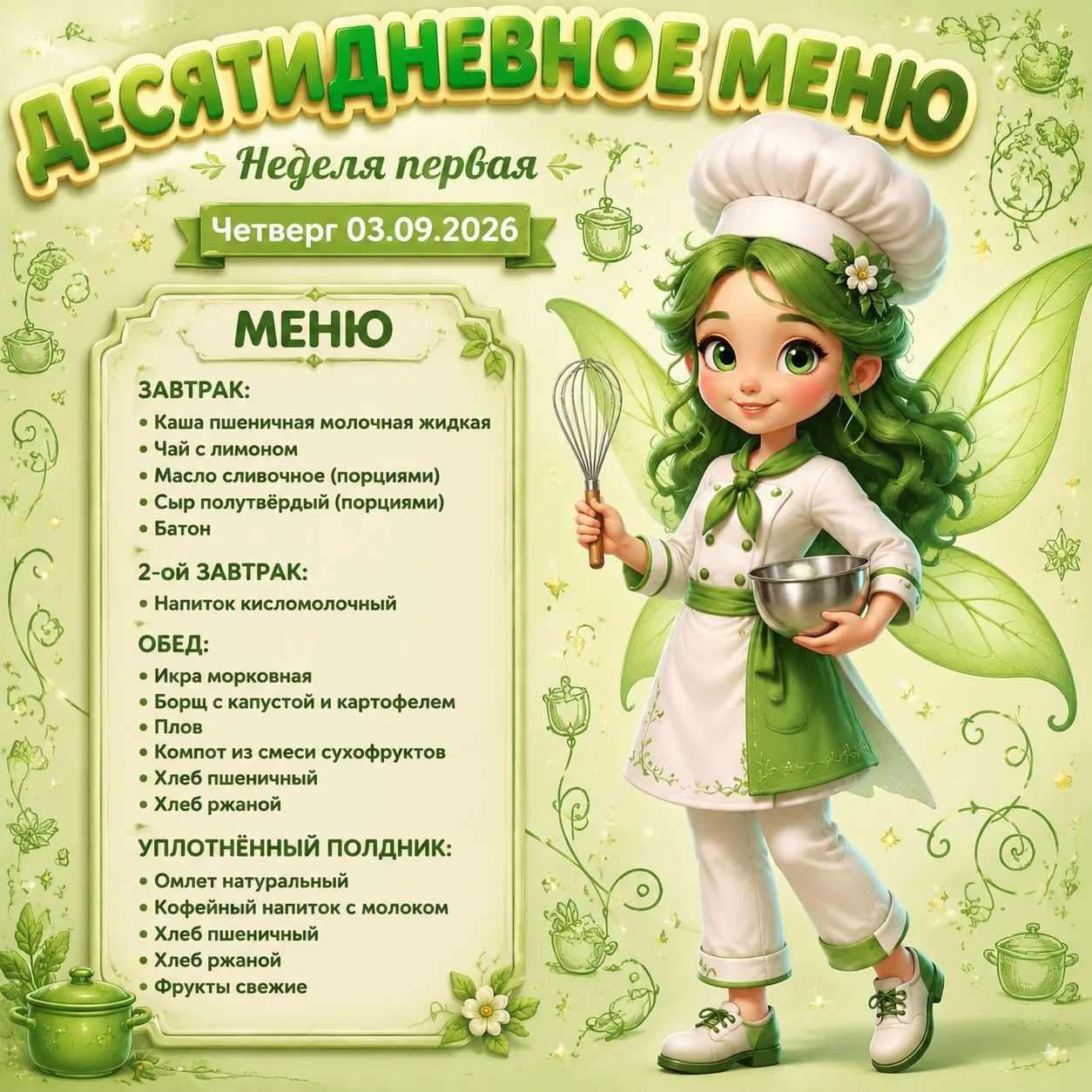 Дорогие родители! 💖 Сегодняшнее меню порадует ваших малышей! 🍽️ Каждое блюдо мы готов...