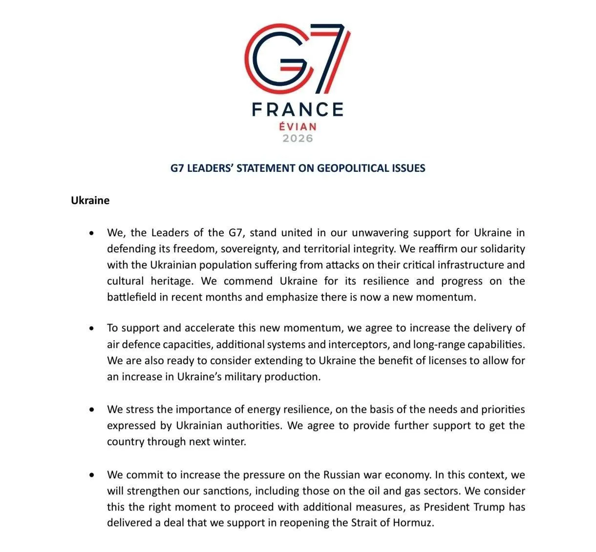 ⚡️Лидеры стран G7 договорились нарастить поставки систем ПВО на Украину, 

В заявлении по Украине не