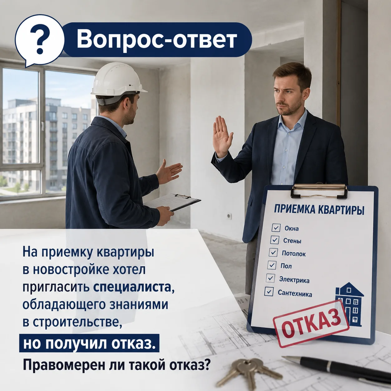 ❓На приемку квартиры в новостройке хотел пригласить специалиста, обладающего знаниями в...