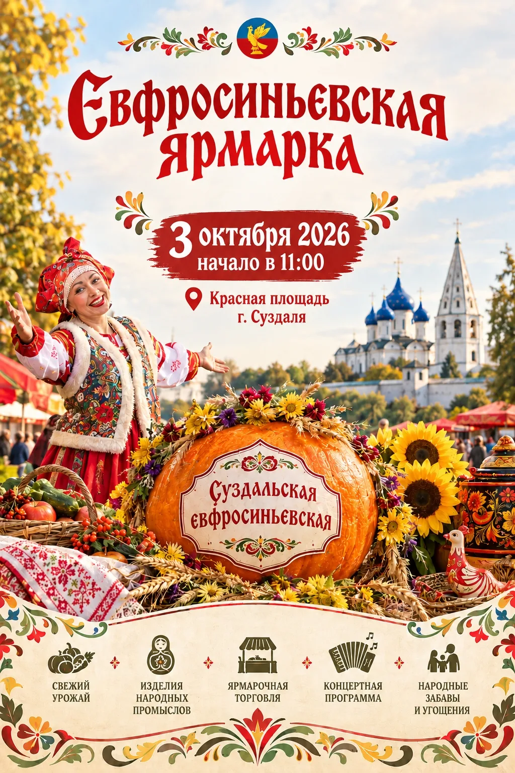В субботу, 3 октября 2026 года, в Суздале пройдёт традиционная Евфросиньевская ярмарка ...